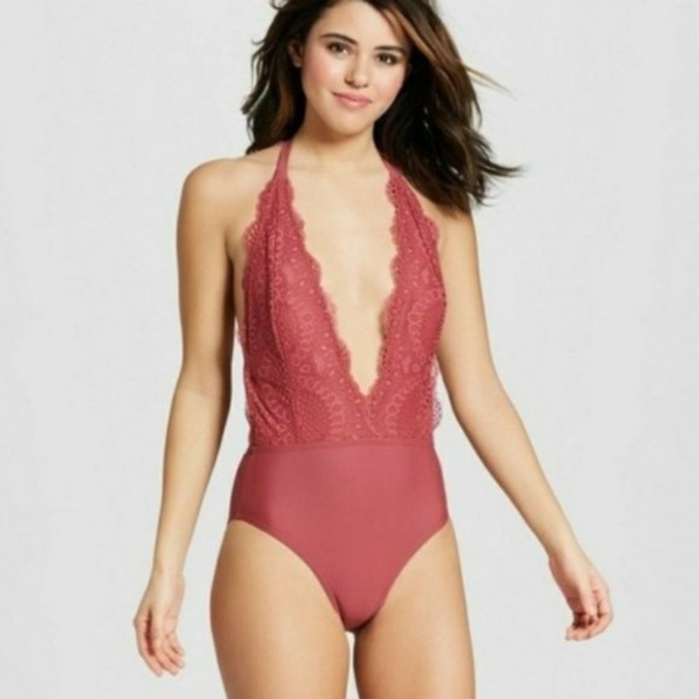 Xhilaration Sedona Mauve Plunge Lace One Piece Swimsuit Size L